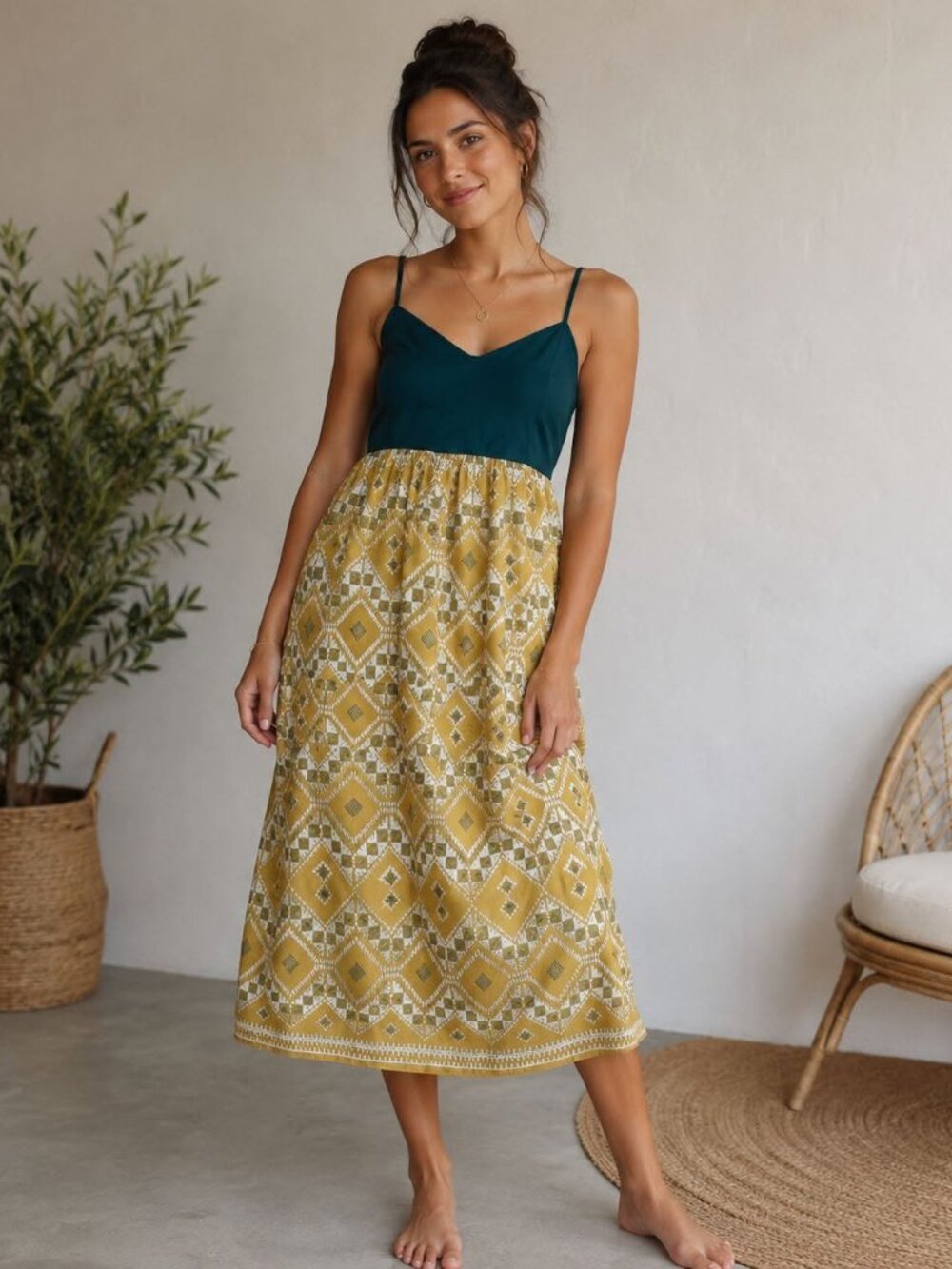 Women 6 Anthropologie Edme & Esyllte Cuernavaca Tile Maxi Dress Silk Spaghetti